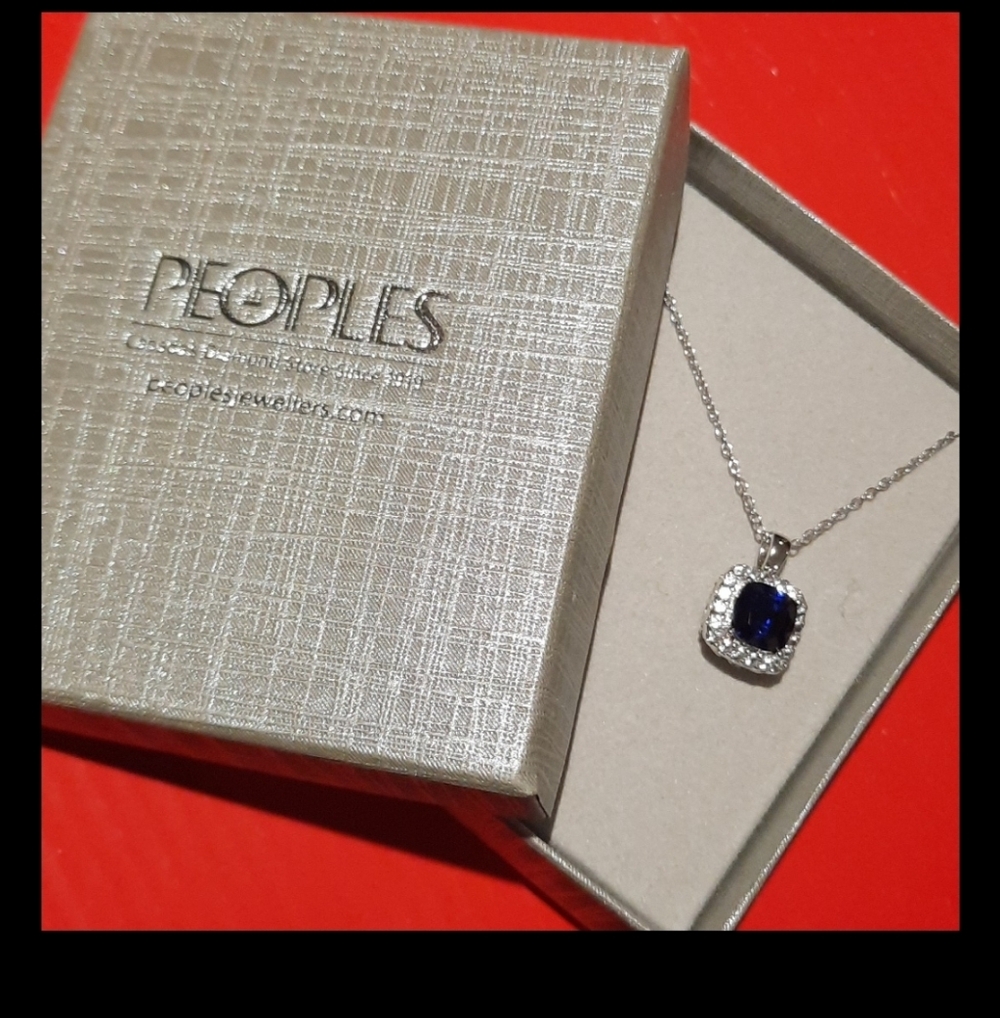 Created SAPPHIRE & CZ PENDANT 18" CHAIN AUTHENTIC PEOPLES JEWELERS GIFT BOXED